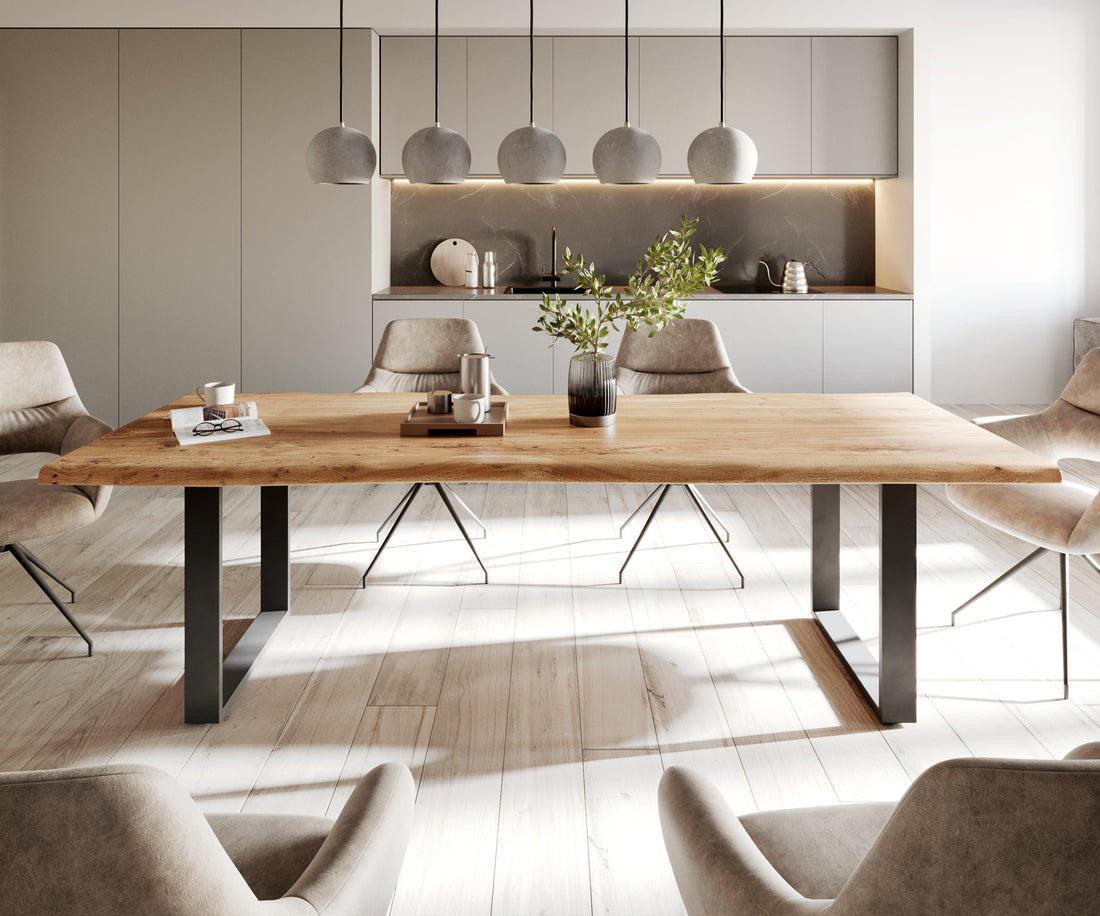 Dining Table Olympus Live Edge 260cm Acacia Wood Natural Square Frame Slim Black 35mm Top