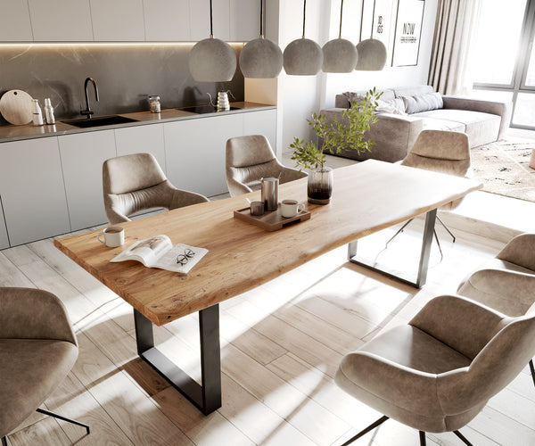 Dining Table Olympus Live Edge 260cm Acacia Wood Natural Square Frame Slim Black 35mm Top