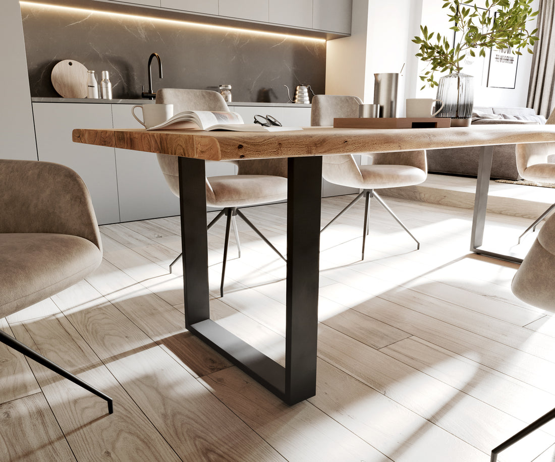 Dining Table Olympus Live Edge 260cm Acacia Wood Natural Square Frame Slim Black 35mm Top