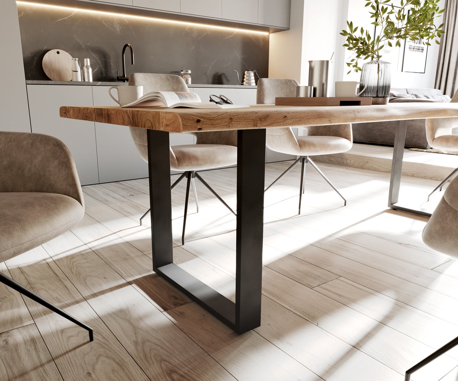 Dining Table Olympus Live Edge Acacia Wood Natural Square Frame Slim Black 140-300cm