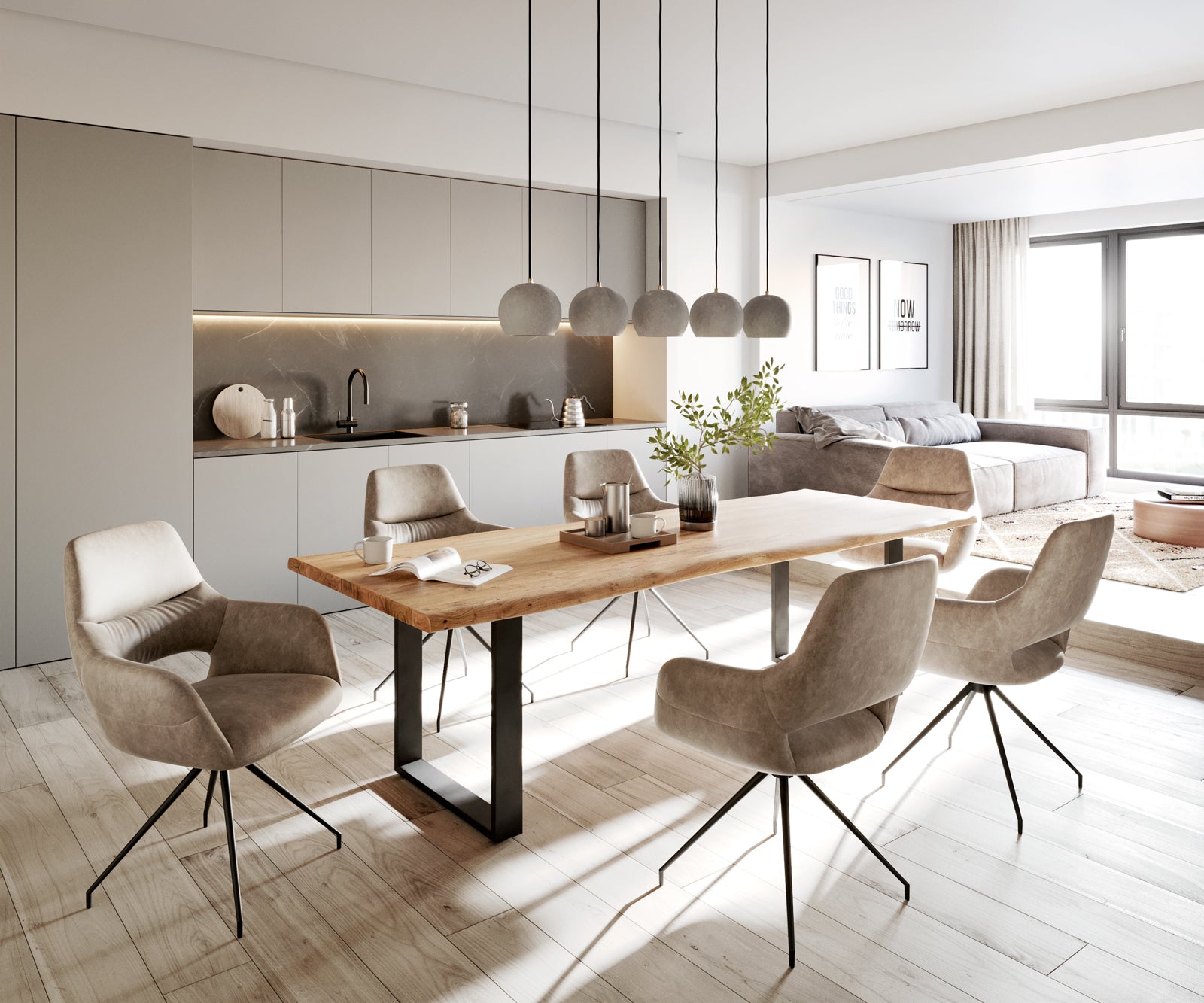 Dining Table Olympus Live Edge Acacia Wood Natural Square Frame Slim Black 140-300cm