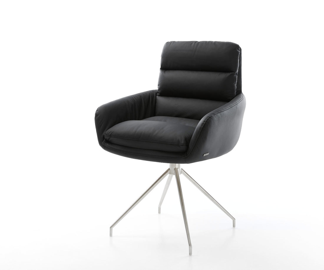 Dining Chair Abelia Natural Leather Black Cross Conical Base Silver 180° Swivel