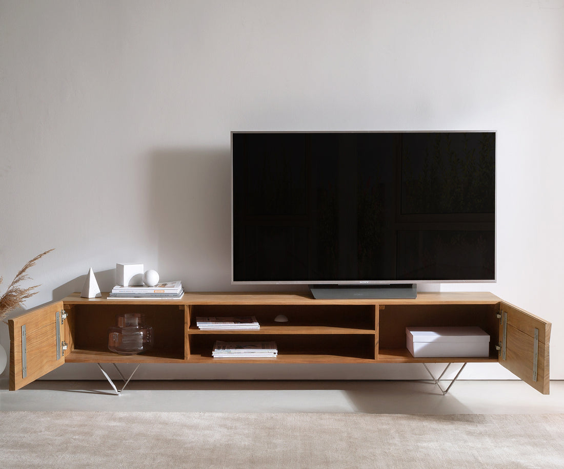 TV Stand Kayu 200cm 2 Doors 2 Compartments Acacia Wood Natural V-Feet Silver