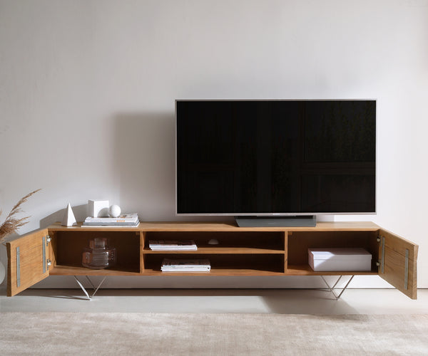 TV Stand Kayu 200cm 2 Doors 2 Compartments Acacia Wood Natural V-Feet Silver