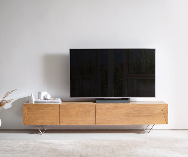 TV Stand Kayu 200cm 4 Doors Acacia Wood Natural V-Feet Silver