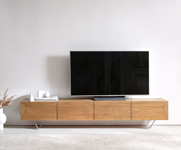 TV Stand Kayu 220cm 4 Doors Acacia Wood Natural V-Feet Silver