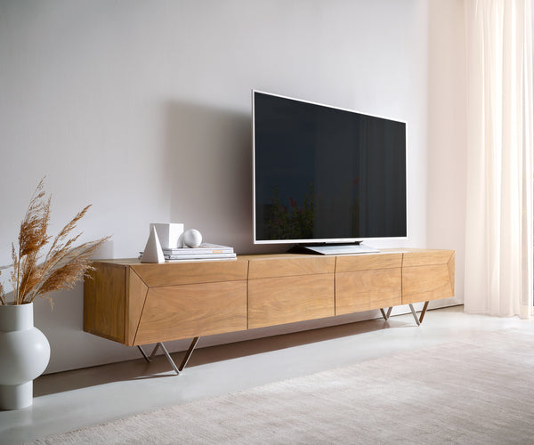 TV Stand Kayu 220cm 4 Doors Acacia Wood Natural V-Feet Silver