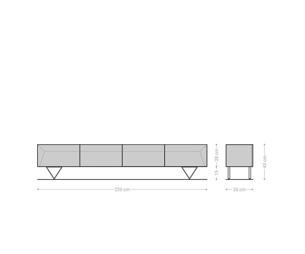 TV Stand Kayu 220cm 4 Doors Acacia Wood Natural V-Feet Silver