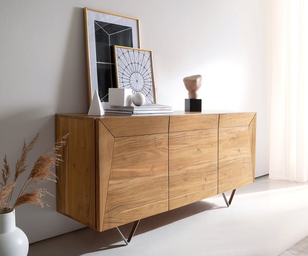 Sideboard Kayu 145cm 3 Doors Acacia Wood Natural V-Feet Silver