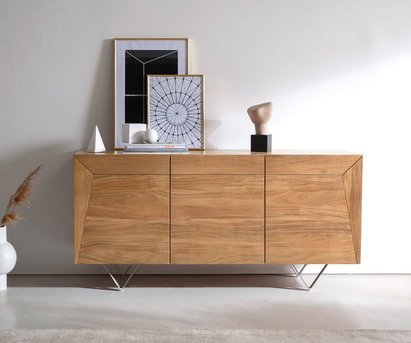 Sideboard Kayu 145cm 3 Doors Acacia Wood Natural V-Feet Silver