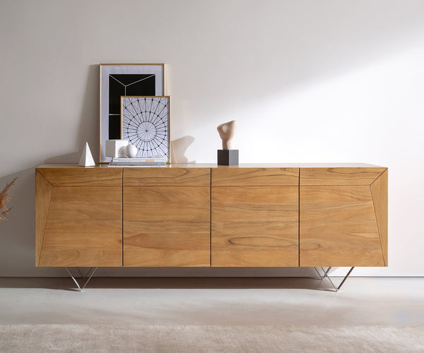 Sideboard Kayu 200cm 4 Doors Acacia Wood Natural V-Feet Silver