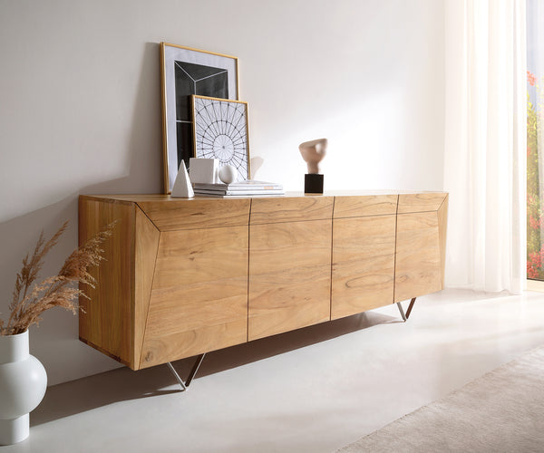 Sideboard Kayu 200cm 4 Doors Acacia Wood Natural V-Feet Silver