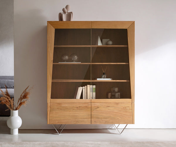 Display Cabinet Kayu 115x150cm Acacia Wood Natural 2 Doors V-Feet Silver
