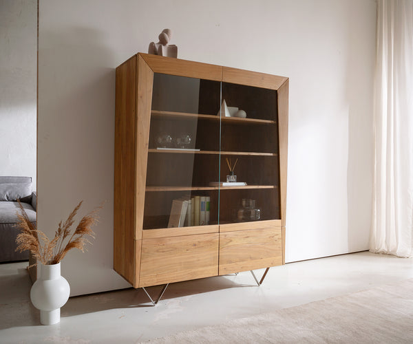 Display Cabinet Kayu 115x150cm Acacia Wood Natural 2 Doors V-Feet Silver