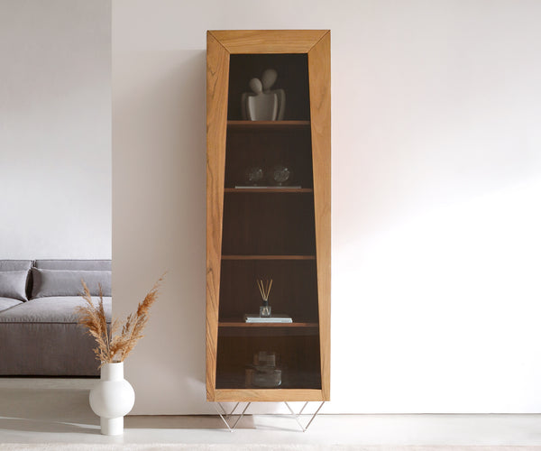 Display Cabinet Kayu 55x180cm Acacia Wood Natural 1 Door V-Feet Silver
