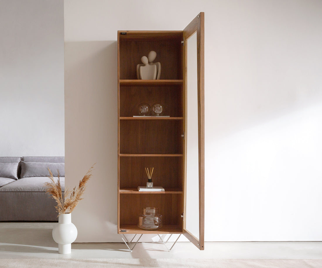 Display Cabinet Kayu 55x180cm Acacia Wood Natural 1 Door V-Feet Silver