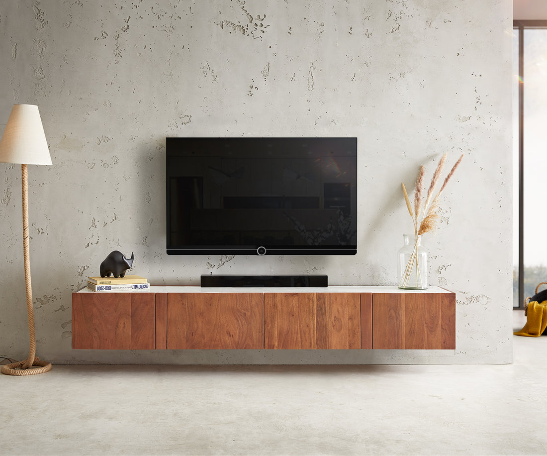 Floating TV Stand Secara 200cm Acacia Wood Brown 4 Doors