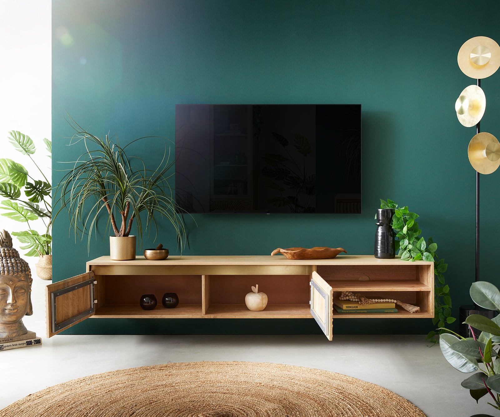 Floating TV Stand Budaya 220cm 3 Doors 2 Compartments Mango Wood Natural
