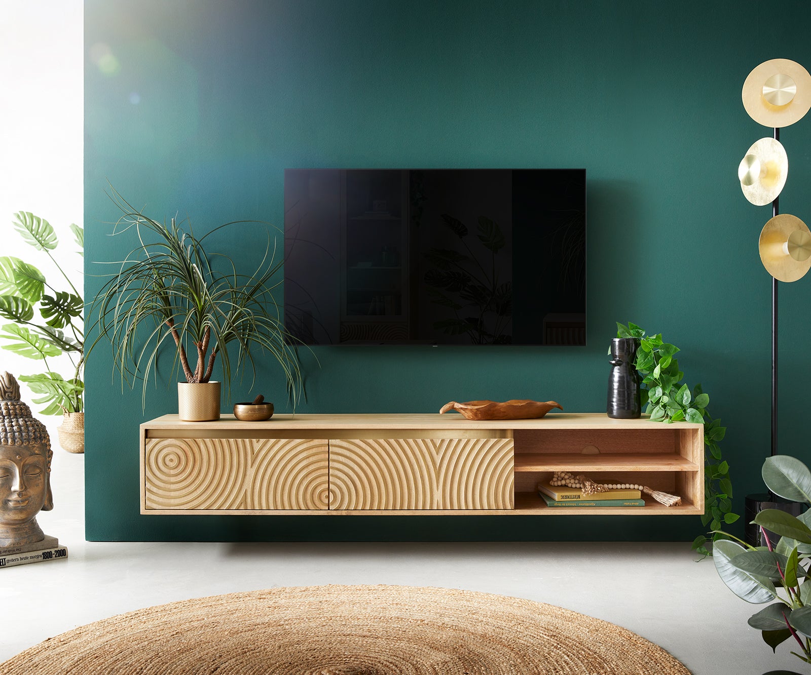 Floating TV Stand Budaya 220cm 3 Doors 2 Compartments Mango Wood Natural