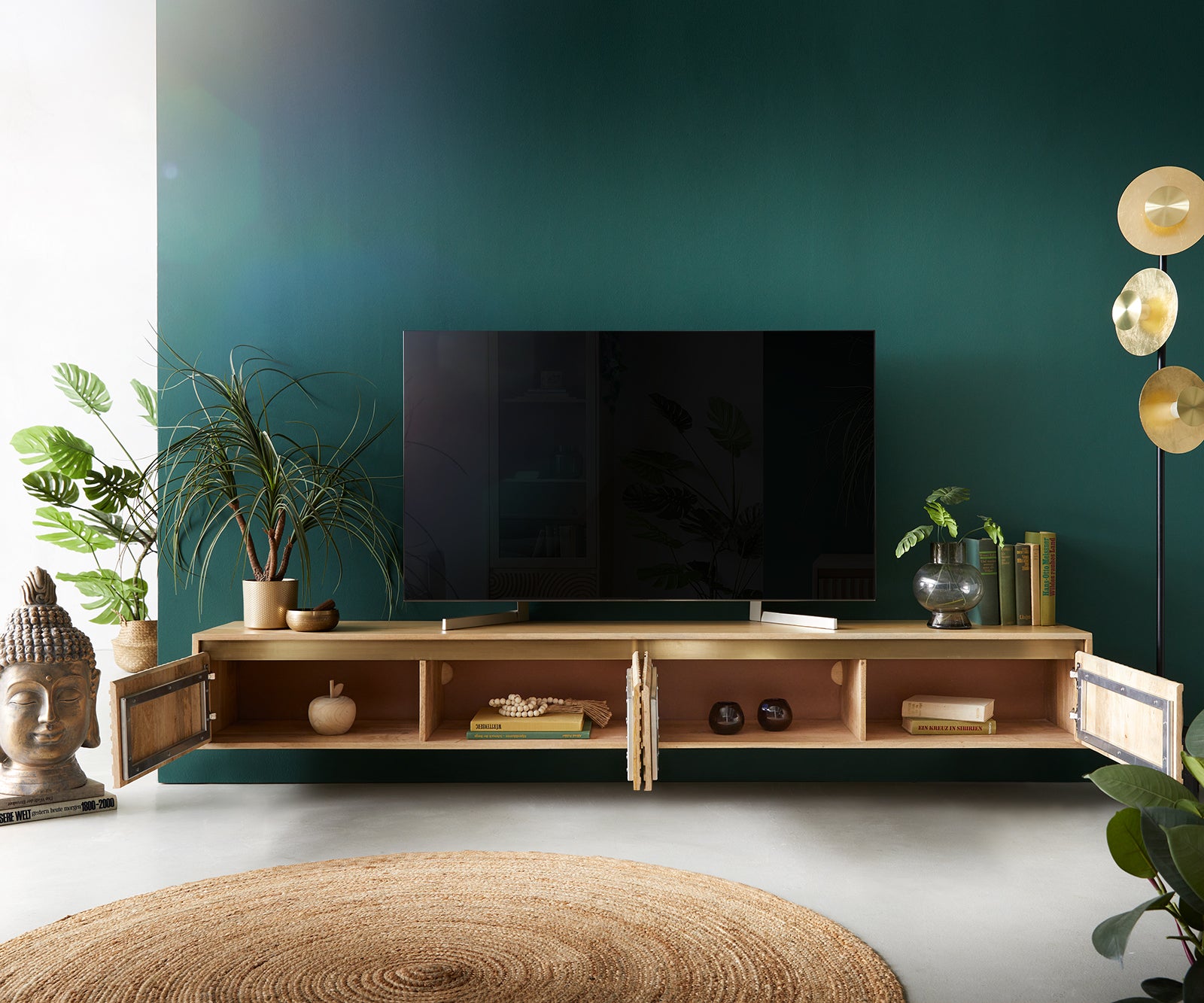 Floating TV Stand Budaya 220cm 4 Doors Mango Wood Natural