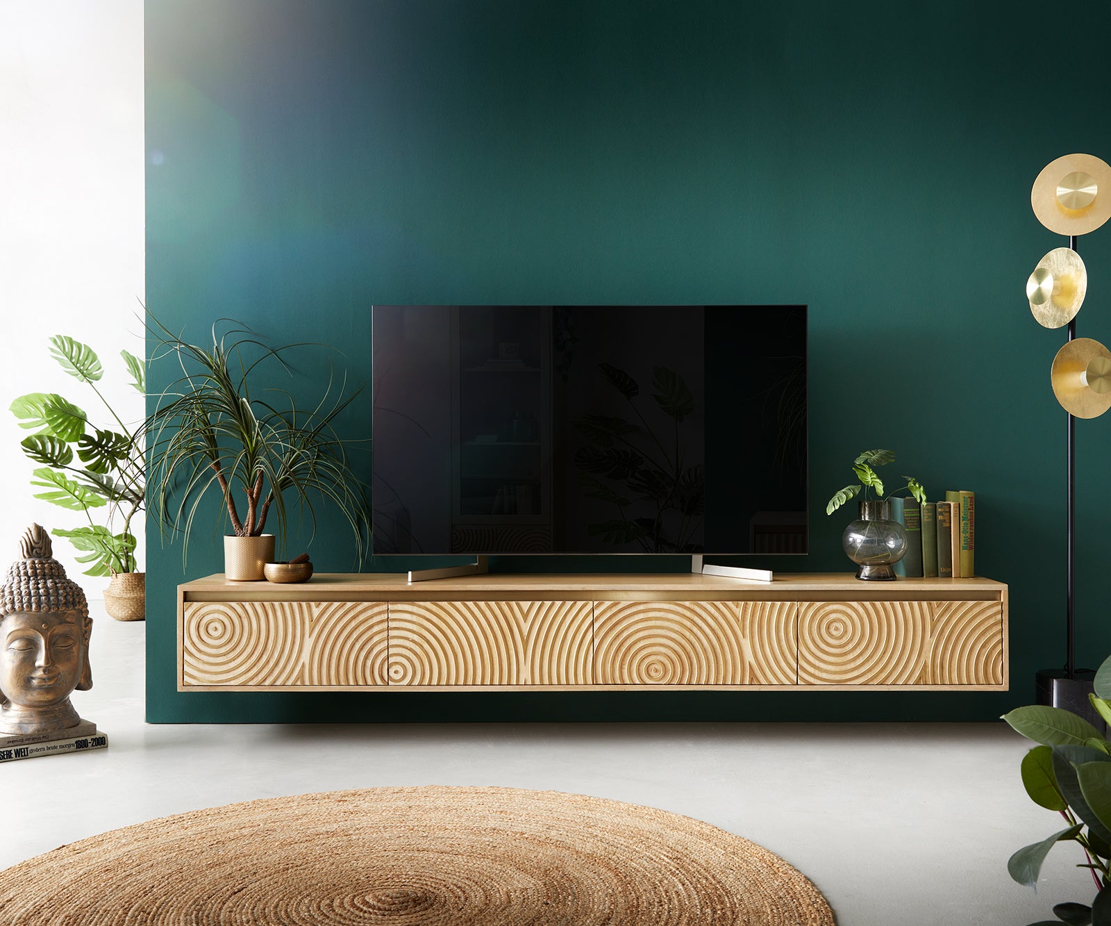 Floating TV Stand Budaya 220cm 4 Doors Mango Wood Natural