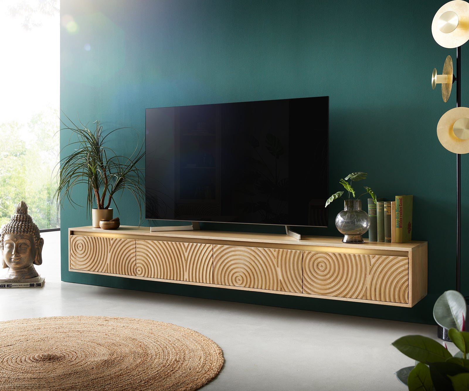 Floating TV Stand Budaya 220cm 4 Doors Mango Wood Natural