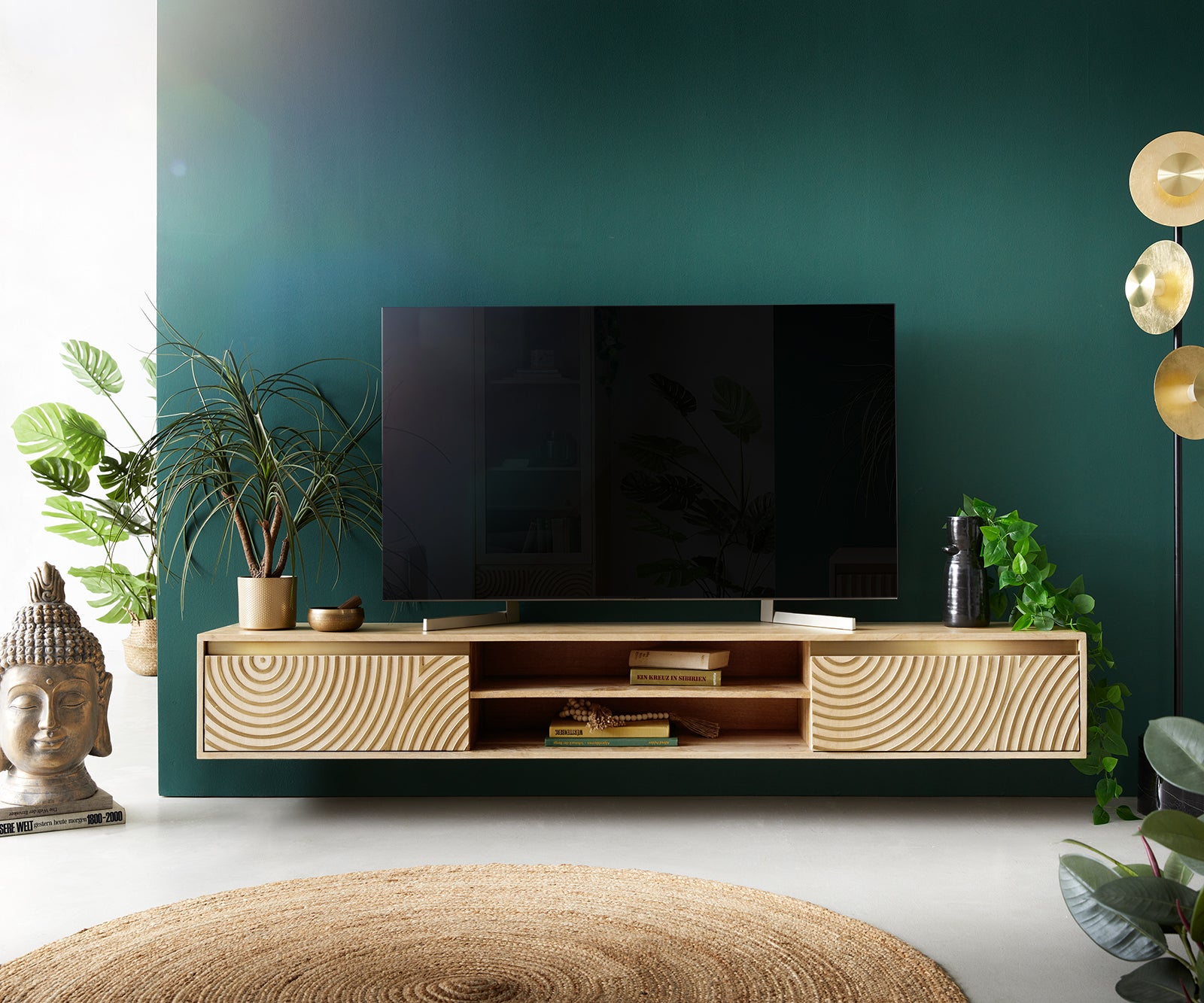 Floating TV Stand Budaya 200cm 2 Doors 2 Compartments Mango Wood Natural