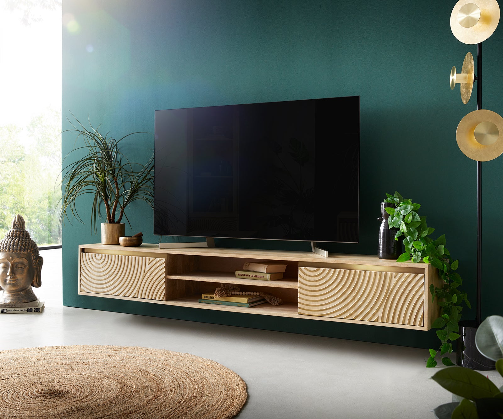 Floating TV Stand Budaya 200cm 2 Doors 2 Compartments Mango Wood Natural