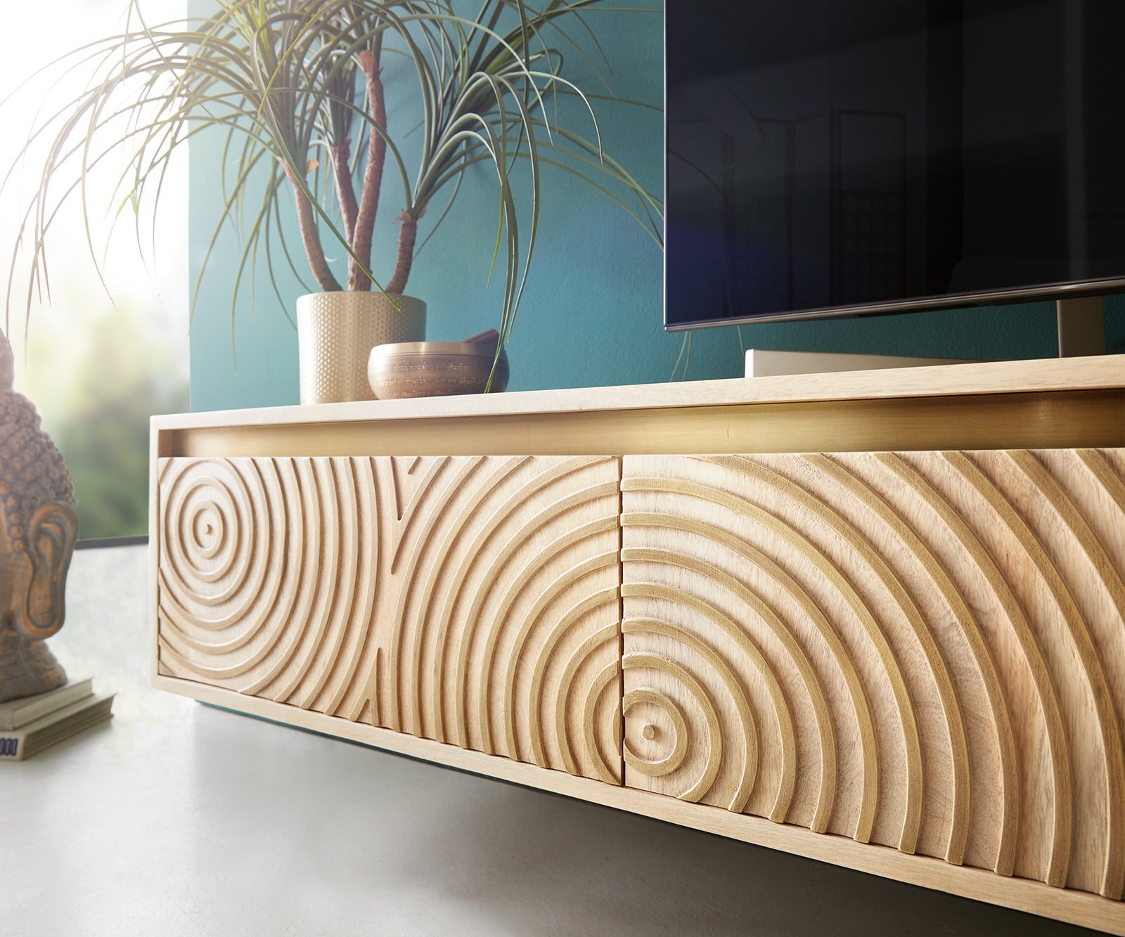Floating TV Stand Budaya 260cm 4 Doors 2 Compartments Mango Wood Natural