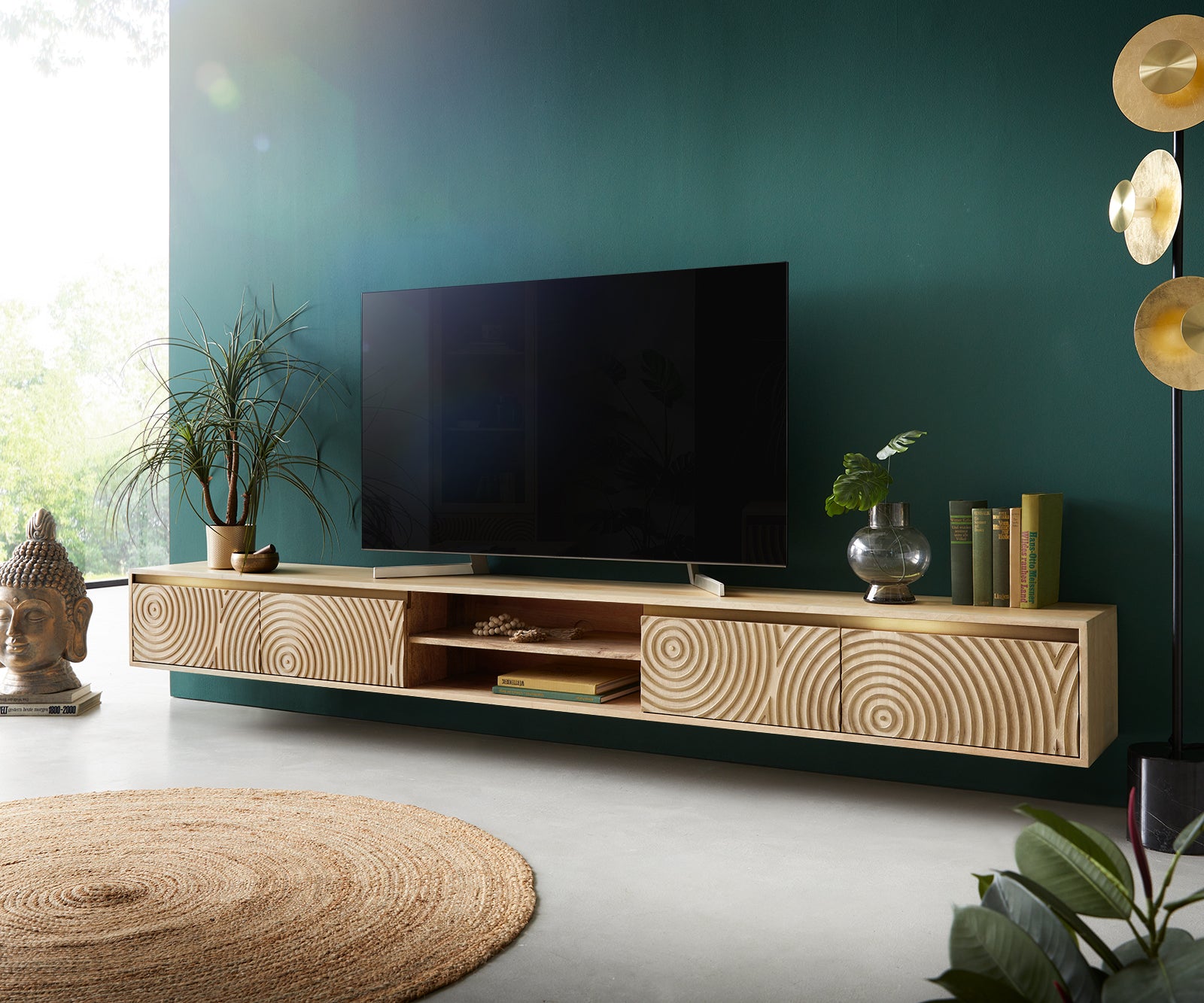 Floating TV Stand Budaya 260cm 4 Doors 2 Compartments Mango Wood Natural