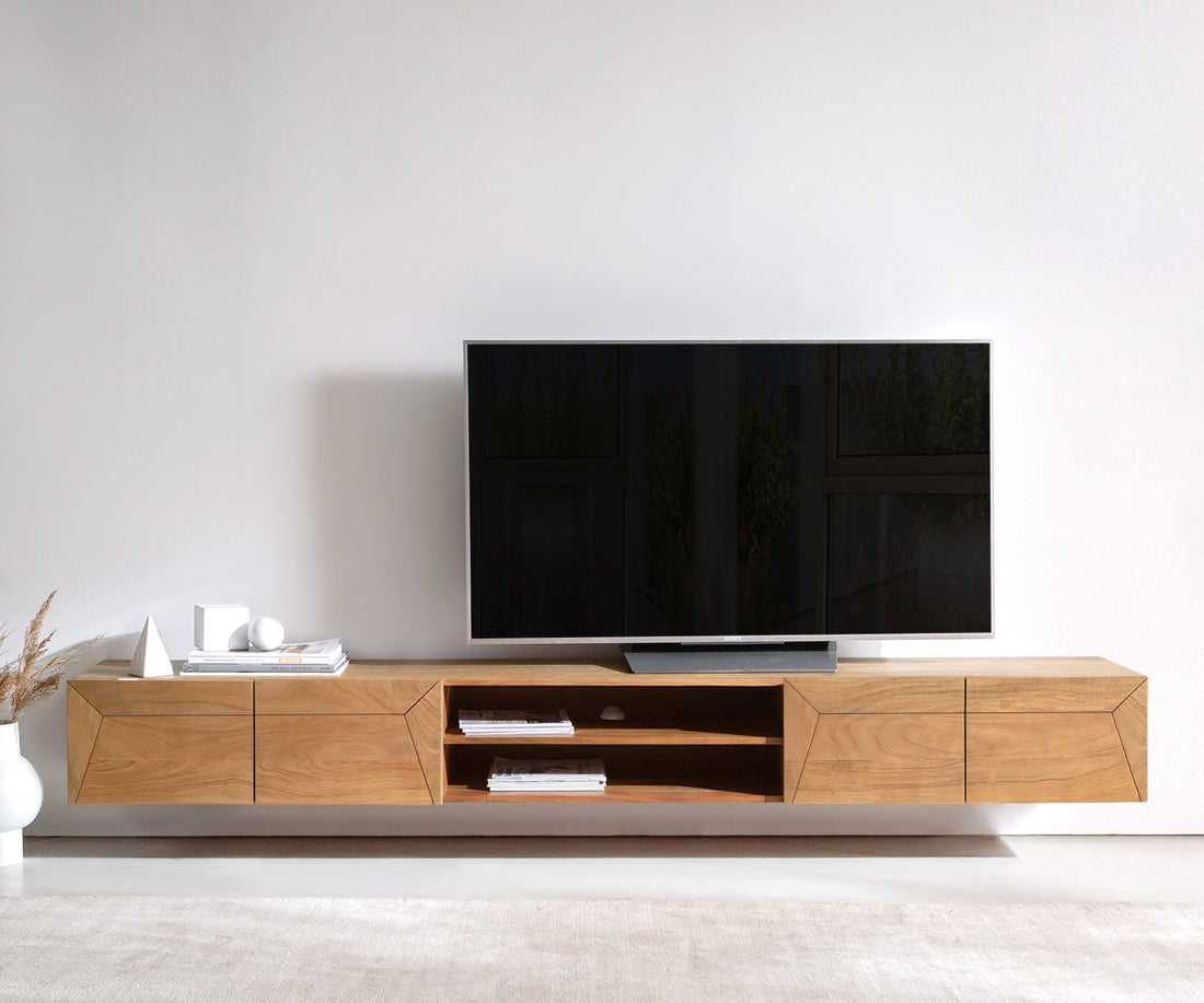 Floating TV Stand Kayu 240cm 4 Doors 2 Compartments Acacia Wood Natural
