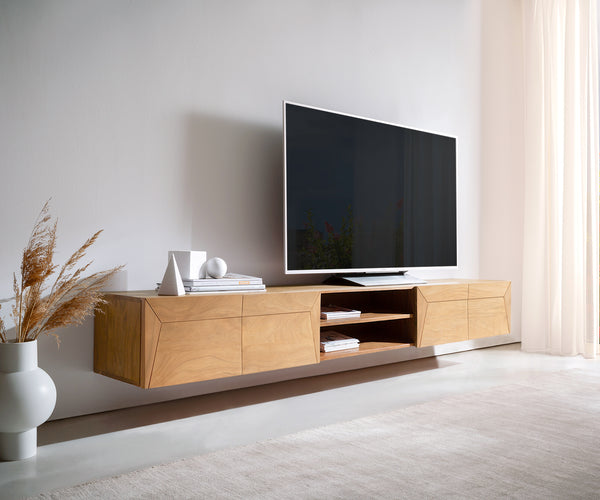 Floating TV Stand Kayu 240cm 4 Doors 2 Compartments Acacia Wood Natural
