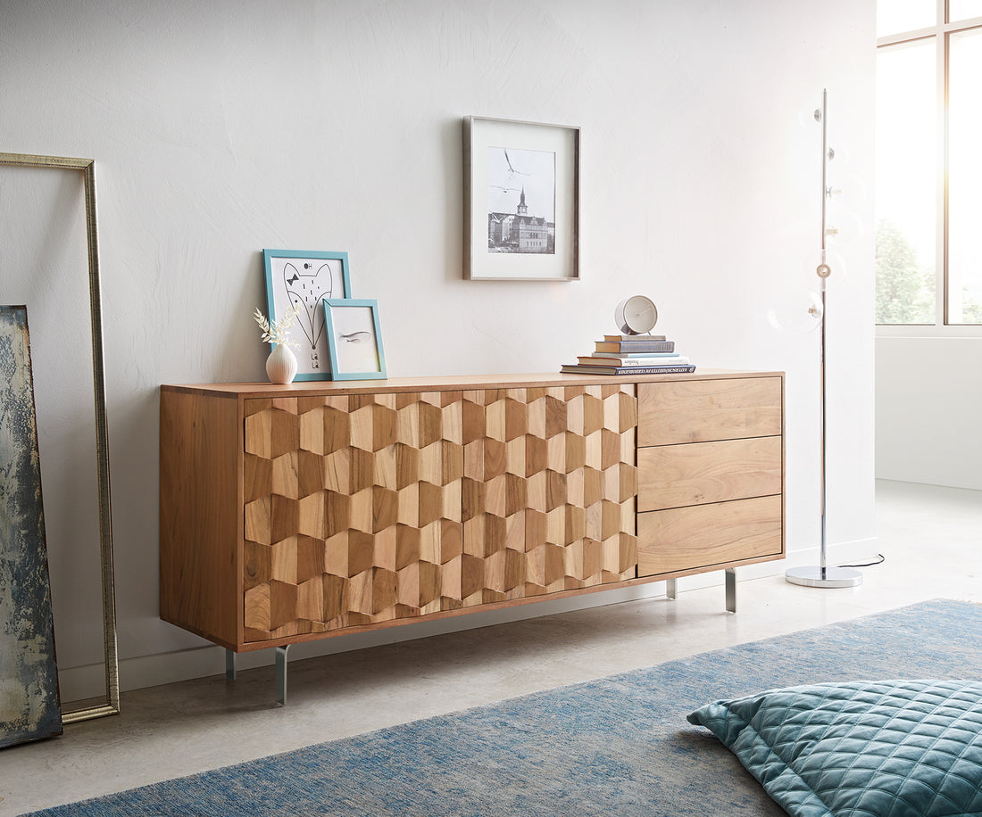 Sideboard Fevo 175cm 2 Doors 3 Drawers Acacia Wood Natural L-Feet Silver
