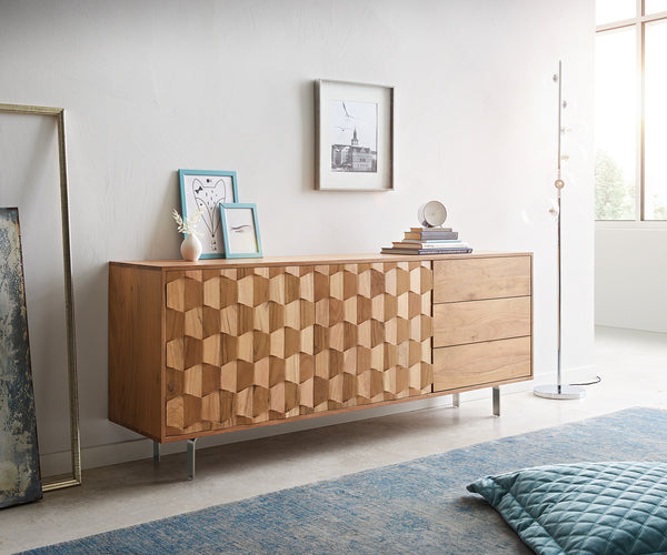 Sideboard Fevo 175cm 2 Doors 3 Drawers Acacia Wood Natural L-Feet Silver