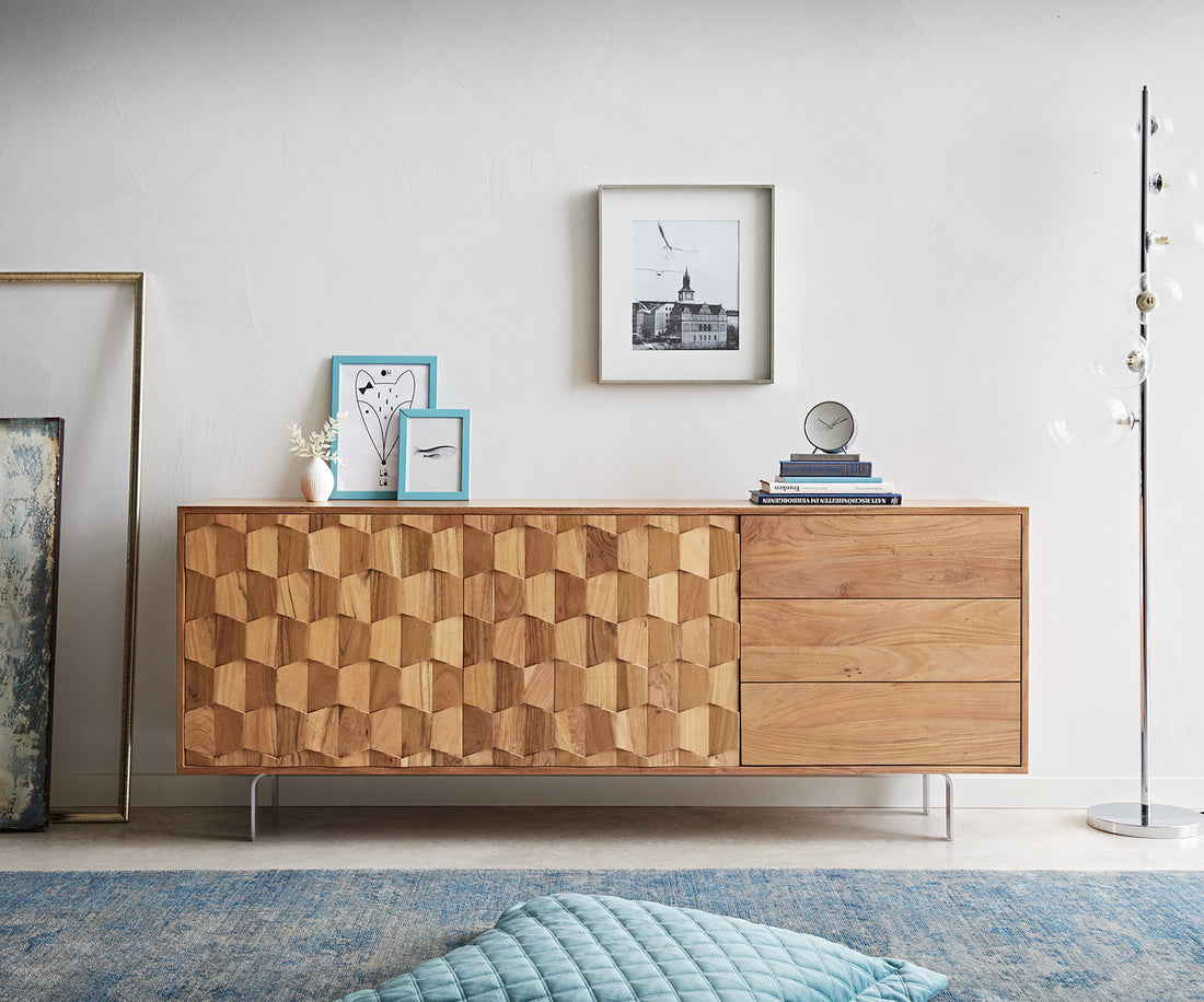Sideboard Fevo 175cm 2 Doors 3 Drawers Acacia Wood Natural L-Feet Silver