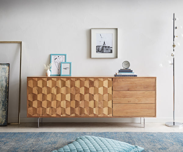 Sideboard Fevo 175cm 2 Doors 3 Drawers Acacia Wood Natural L-Feet Silver