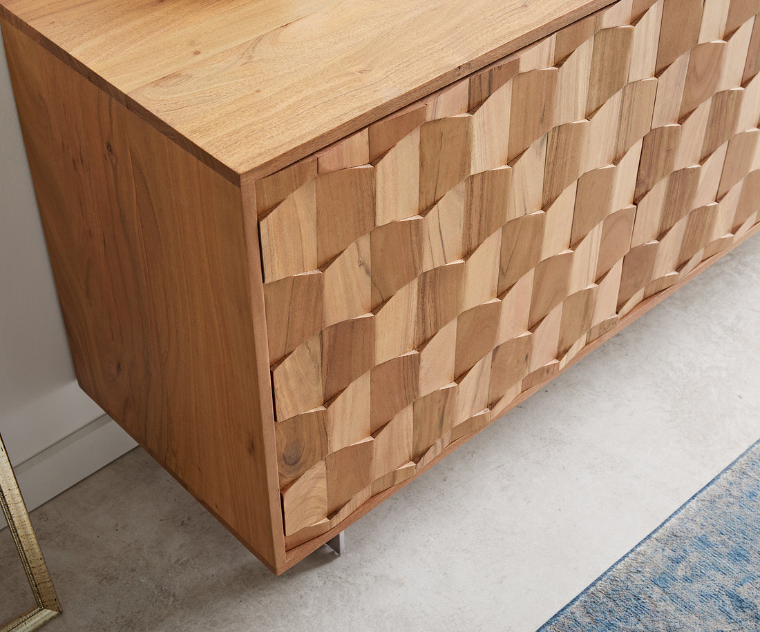 Sideboard Fevo 175cm 2 Doors 3 Drawers Acacia Wood Natural L-Feet Silver