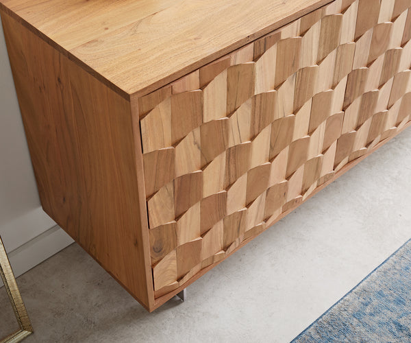 Sideboard Fevo 175cm 2 Doors 3 Drawers Acacia Wood Natural L-Feet Silver