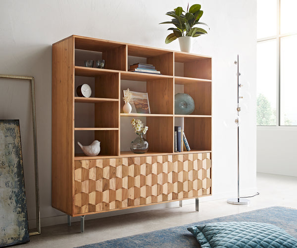 Display Cabinet Fevo 147x150cm Acacia Wood Natural 3 Doors L-Feet Silver