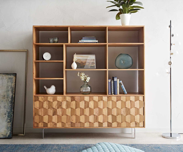 Display Cabinet Fevo 147x150cm Acacia Wood Natural 3 Doors L-Feet Silver