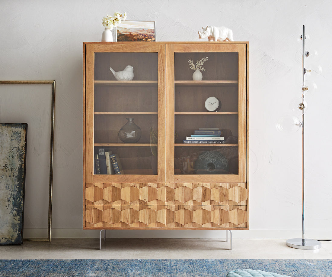 Display Cabinet Fevo 115x150cm Acacia Wood Natural 2 Doors 4 Drawers L-Feet Silver