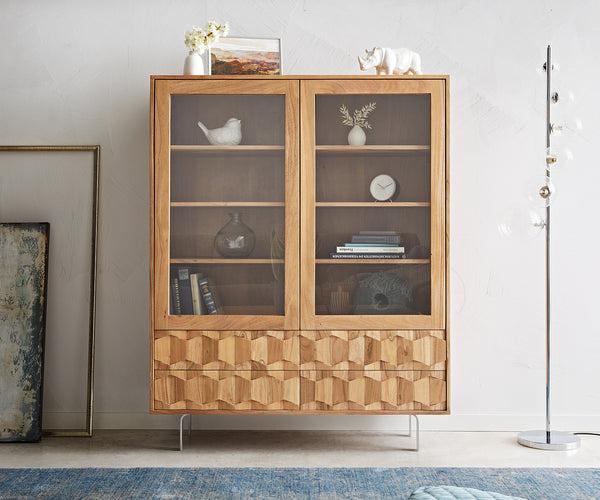 Display Cabinet Fevo 115x150cm Acacia Wood Natural 2 Doors 4 Drawers L-Feet Silver