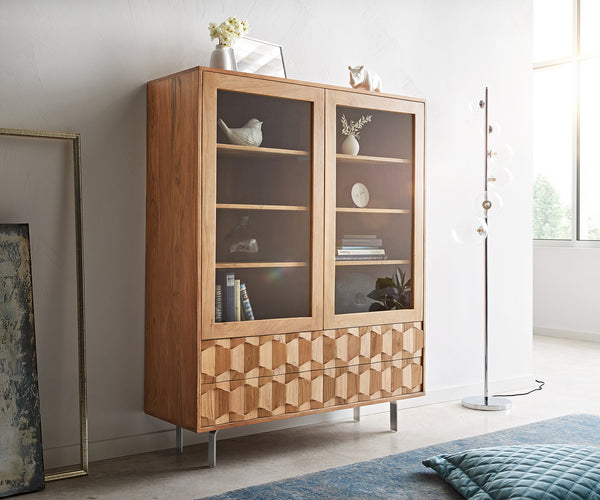 Display Cabinet Fevo 115x150cm Acacia Wood Natural 2 Doors 4 Drawers L-Feet Silver