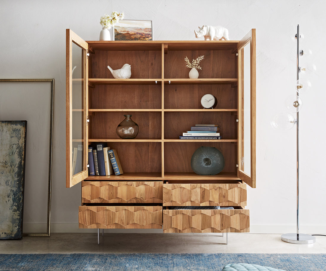 Display Cabinet Fevo 115x150cm Acacia Wood Natural 2 Doors 4 Drawers L-Feet Silver