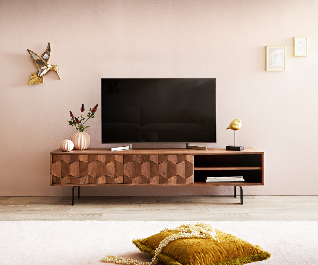 TV Stand Fevo 160cm Acacia Wood Brown 2 Doors 2 Compartments
