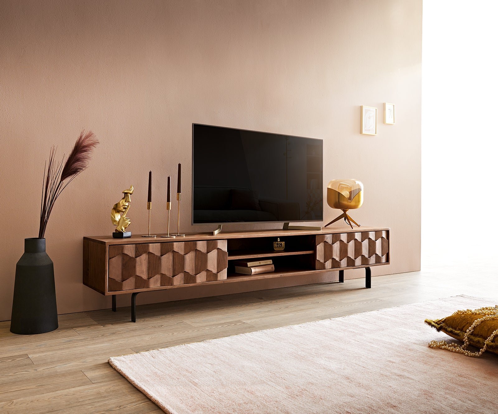 TV Stand Fevo 200cm Acacia Wood Brown 2 Doors 2 Compartments