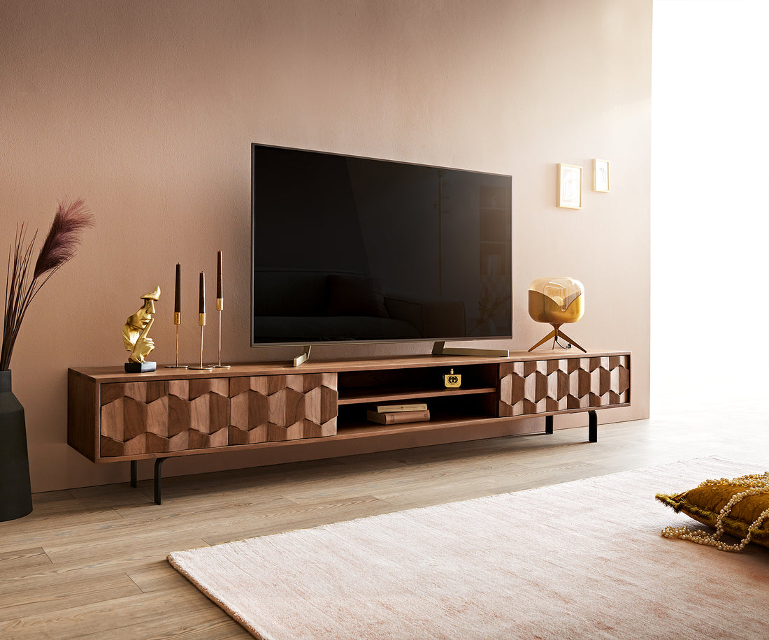 TV Stand Fevo 240cm Acacia Wood Brown 4 Doors 2 Compartments