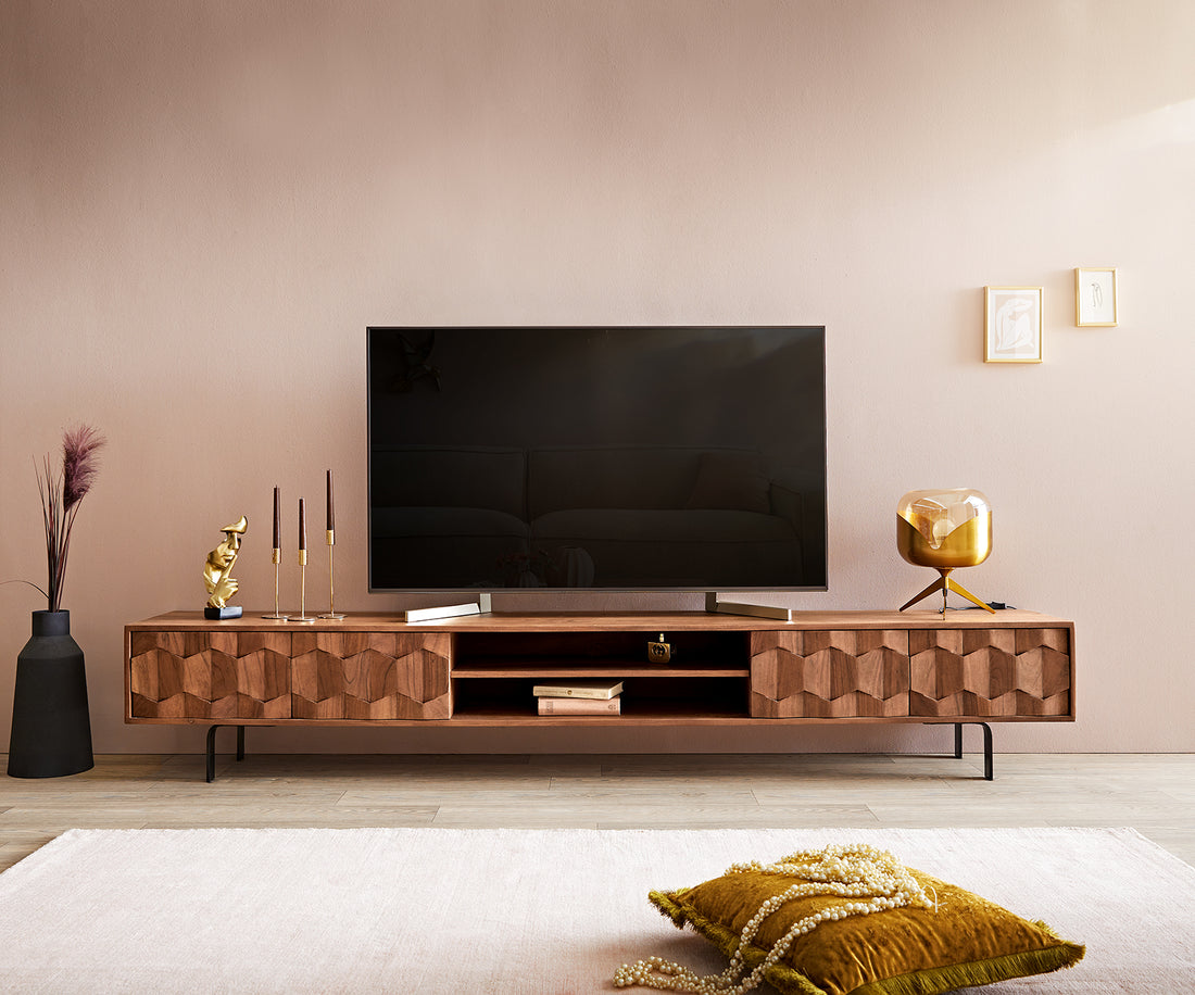 TV Stand Fevo 240cm Acacia Wood Brown 4 Doors 2 Compartments