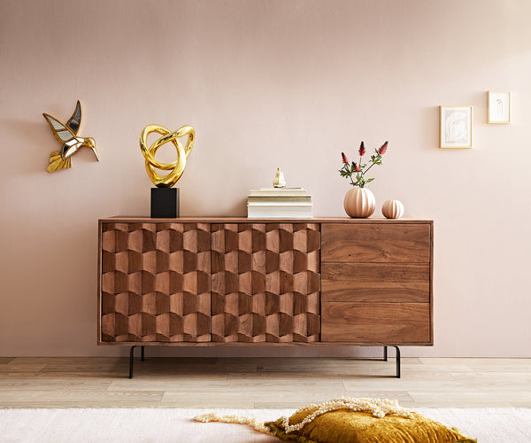 Sideboard Fevo 145cm 2 Doors 3 Drawers Acacia Wood Brown L-Feet Black