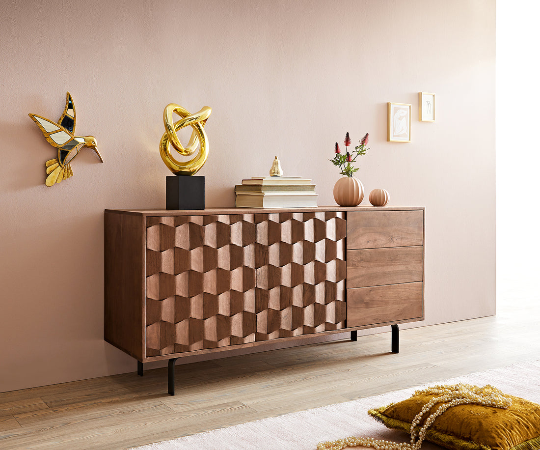 Sideboard Fevo 145cm 2 Doors 3 Drawers Acacia Wood Brown L-Feet Black